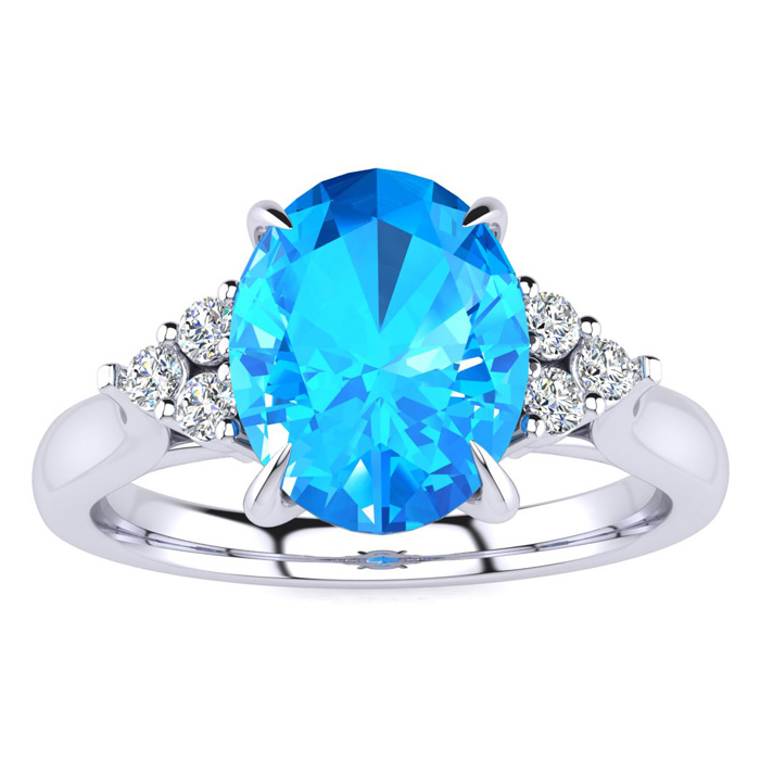 2 1/4 Carat Oval Shape Blue Topaz & 6 Diamond Ring in 14K White Gold (4 g), , Size 4 by SuperJeweler