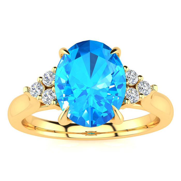 2 1/4 Carat Oval Shape Blue Topaz & 6 Diamond Ring in 14K Yellow Gold (4 g), , Size 4 by SuperJeweler