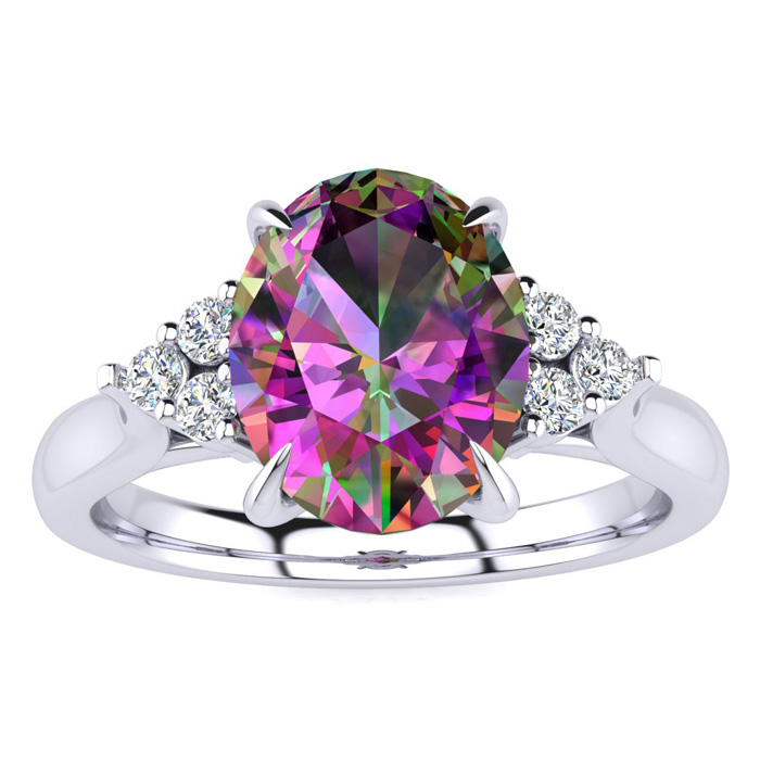 2 1/4 Carat Oval Shape Mystic Topaz & 6 Diamond Ring in 14K White Gold (4 g), , Size 4 by SuperJeweler