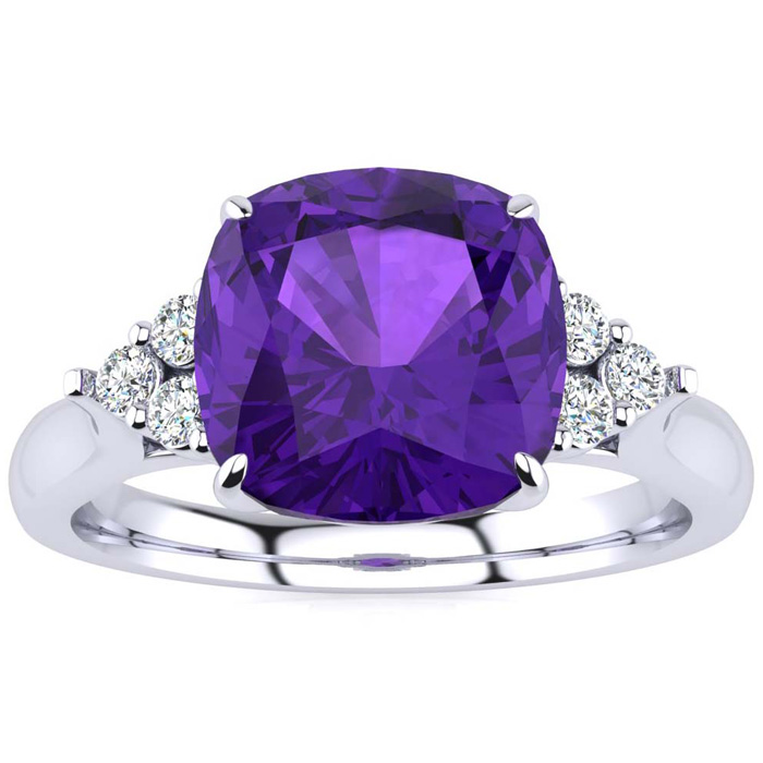 2 1/5 Carat Cushion Cut Amethyst & 6 Diamond Ring in 14K White Gold (4 g), , Size 4 by SuperJeweler