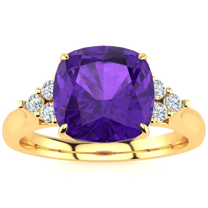 2 1/5 Carat Cushion Cut Amethyst & 6 Diamond Ring in 14K Yellow Gold (4 g), , Size 4 by SuperJeweler