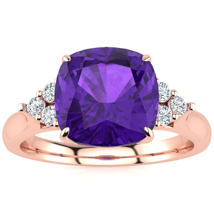 2 1/5 Carat Cushion Cut Amethyst & 6 Diamond Ring in 14K Rose Gold (4 g), , Size 4 by SuperJeweler