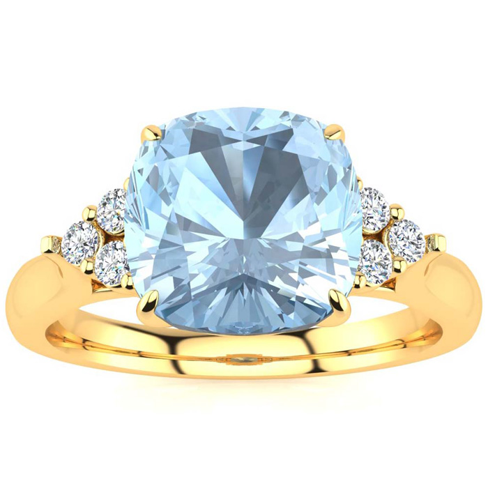 2 1/5 Carat Cushion Cut Aquamarine & 6 Diamond Ring in 14K Yellow Gold (4 g), , Size 4 by SuperJeweler