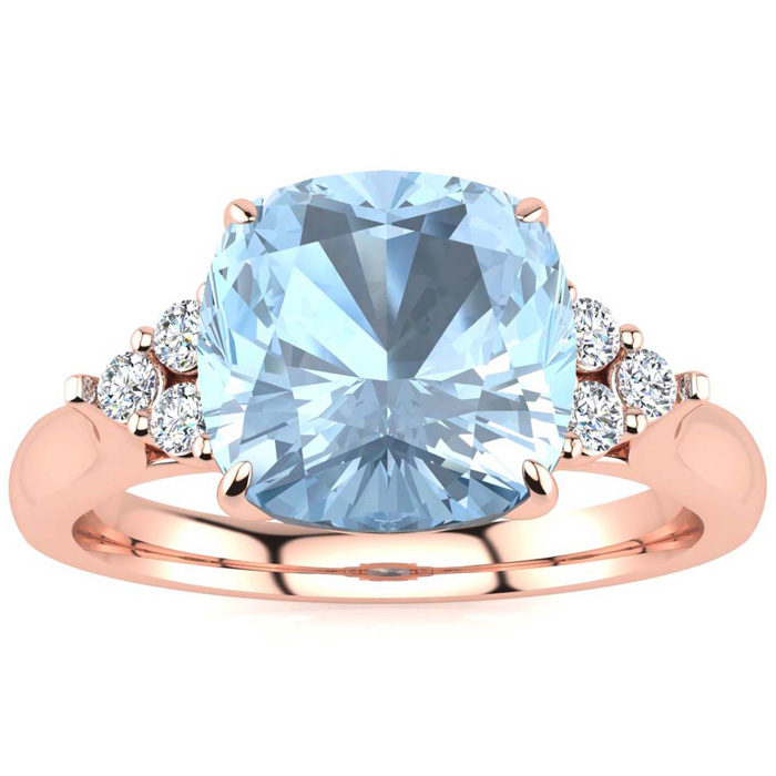 2 1/5 Carat Cushion Cut Aquamarine & 6 Diamond Ring in 14K Rose Gold (4 g), , Size 4 by SuperJeweler