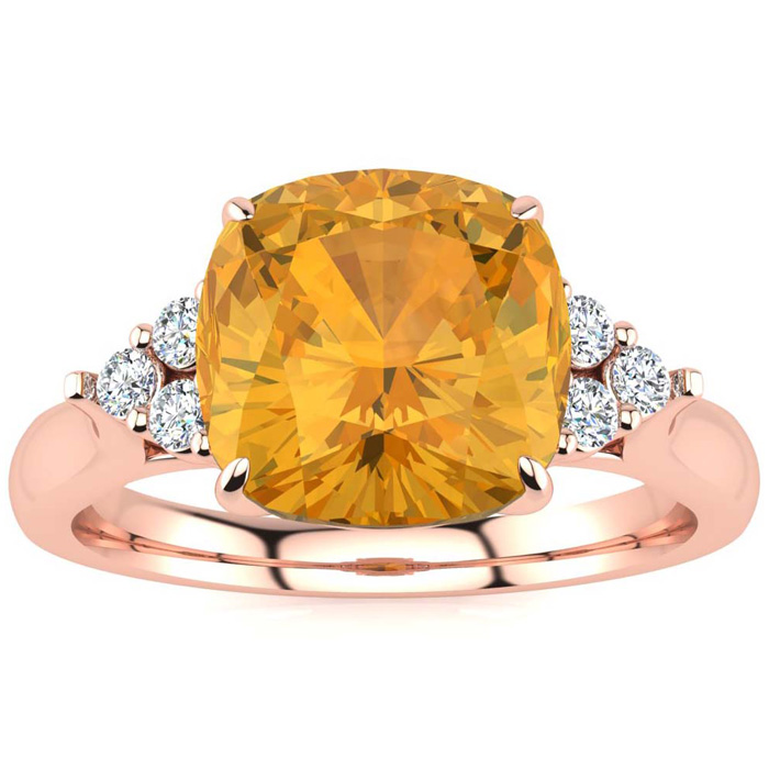 2 1/5 Carat Cushion Cut Citrine & 6 Diamond Ring in 14K Rose Gold (4 g), , Size 4 by SuperJeweler