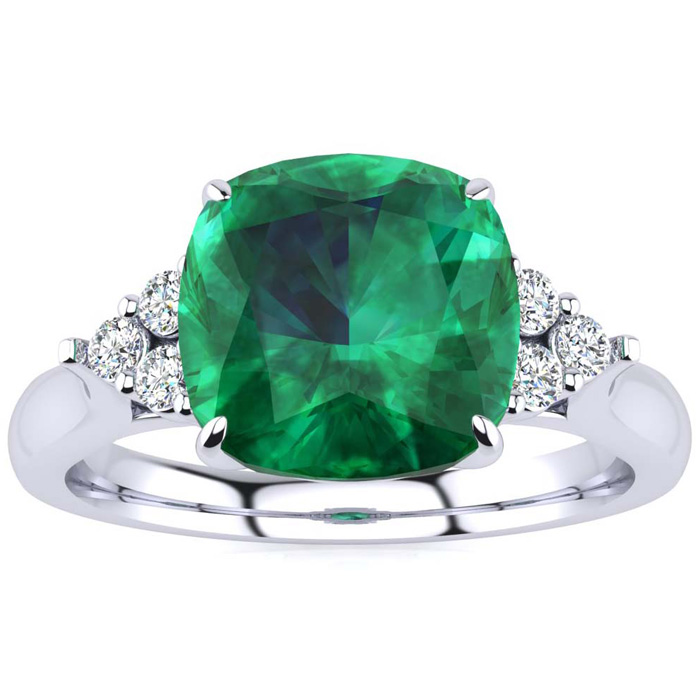 2 1/5 Carat Cushion Cut Emerald & 6 Diamond Ring in 14K White Gold (4 g), , Size 4 by SuperJeweler