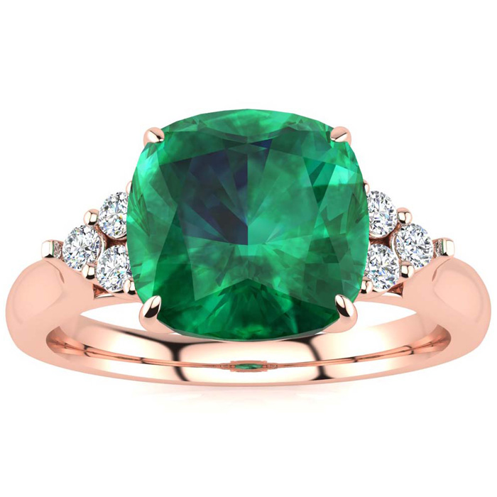 2 1/5 Carat Cushion Cut Emerald & 6 Diamond Ring in 14K Rose Gold (4 g), , Size 4 by SuperJeweler