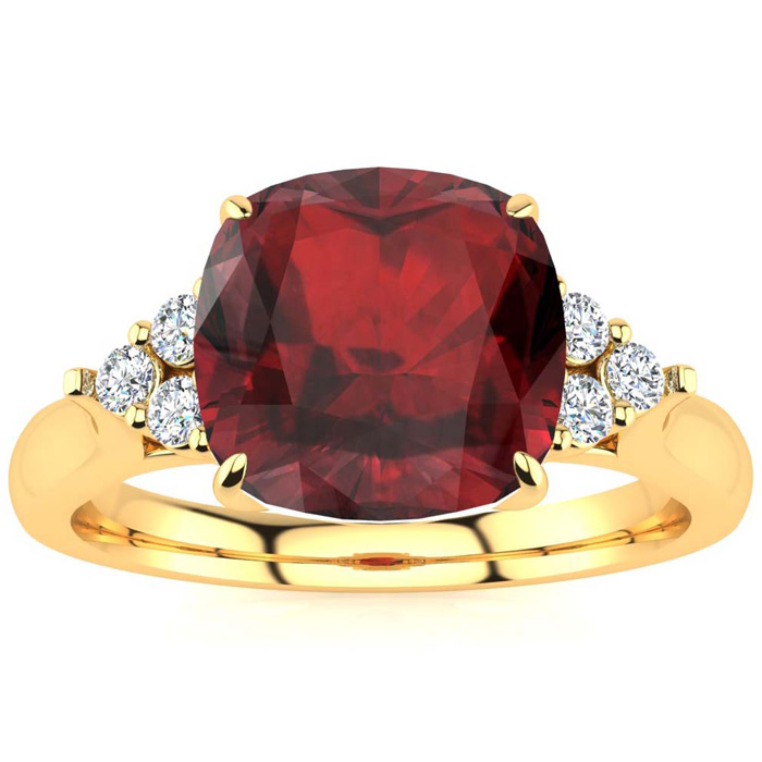 3 1/3 Carat Cushion Cut Garnet & 6 Diamond Ring in 14K Yellow Gold (4 g), , Size 4 by SuperJeweler