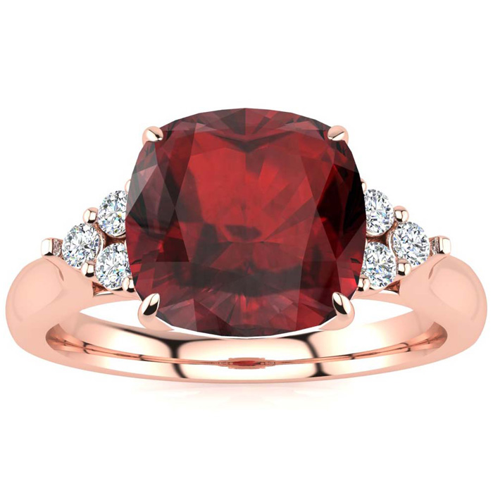 3 1/3 Carat Cushion Cut Garnet & 6 Diamond Ring in 14K Rose Gold (4 g), , Size 4 by SuperJeweler