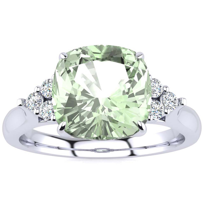 2 1/5 Carat Cushion Cut Green Amethyst & 6 Diamond Ring in 14K White Gold (4 g), , Size 4 by SuperJeweler