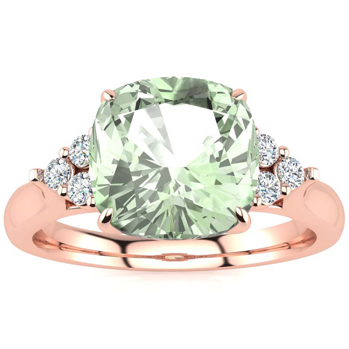 2 1/5 Carat Cushion Cut Green Amethyst & 6 Diamond Ring in 14K Rose Gold (4 g), , Size 4 by SuperJeweler