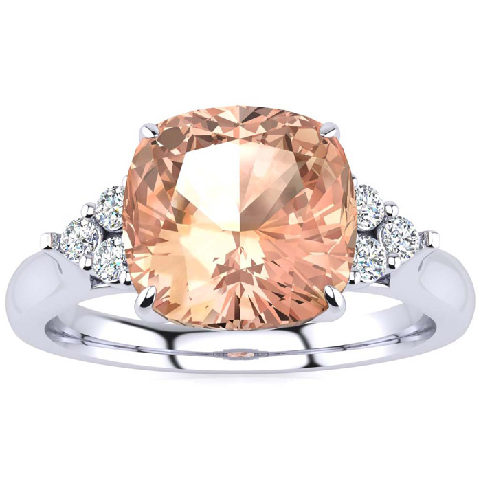 3 1/5 Carat Cushion Cut Morganite & 6 Diamond Ring in 14K White Gold (4 g), , Size 4 by SuperJeweler