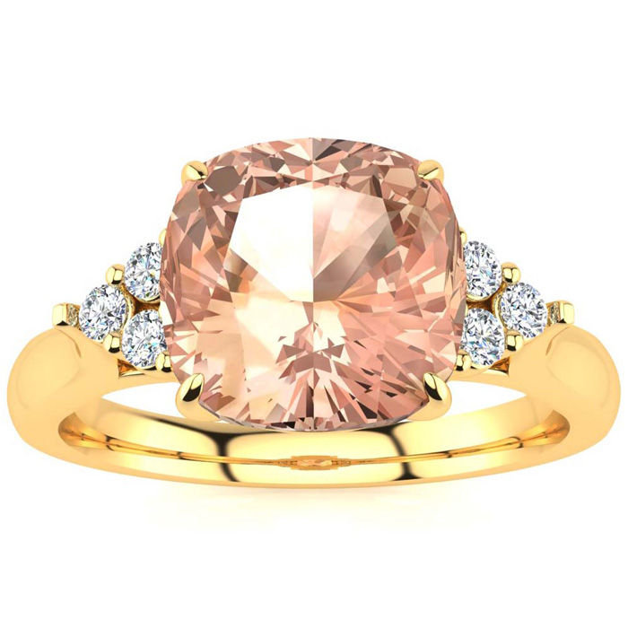 3 1/5 Carat Cushion Cut Morganite & 6 Diamond Ring in 14K Yellow Gold (4 g), , Size 4 by SuperJeweler