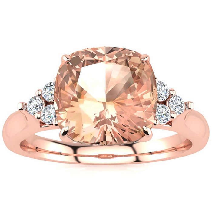 3 1/5 Carat Cushion Cut Morganite & 6 Diamond Ring in 14K Rose Gold (4 g), , Size 4 by SuperJeweler