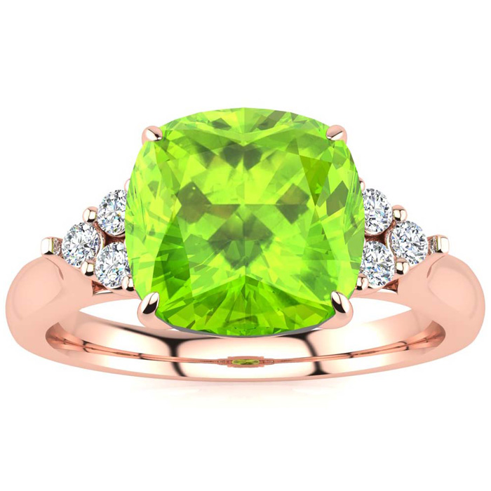 2 2/3 Carat Cushion Cut Peridot & 6 Diamond Ring in 14K Rose Gold (4 g), , Size 4 by SuperJeweler