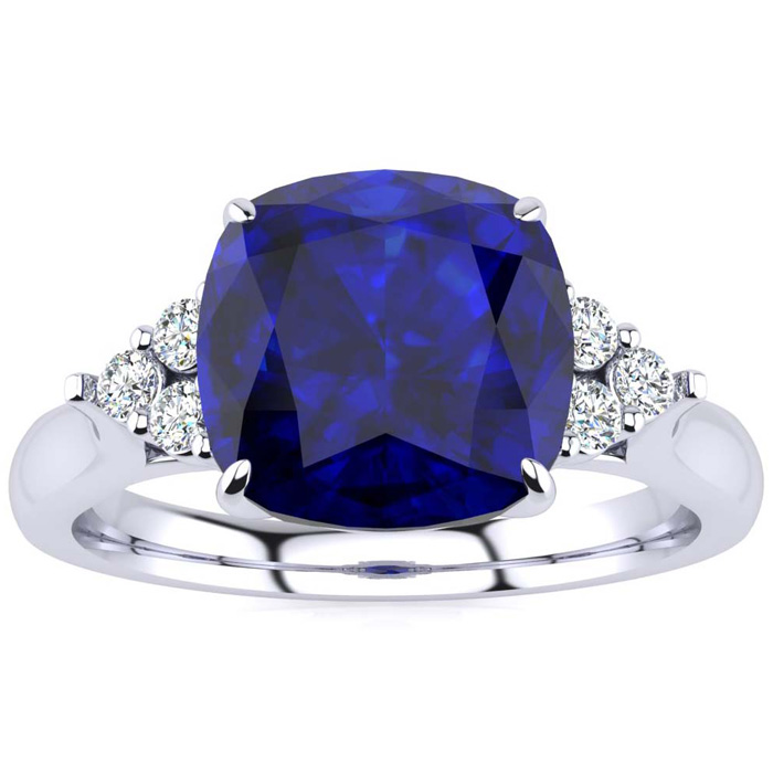 3 1/5 Carat Cushion Cut Sapphire & 6 Diamond Ring In 14K White Gold (4 G), I-J, Size 4 By SuperJeweler