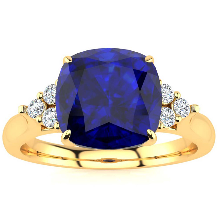 3 1/5 Carat Cushion Cut Sapphire & 6 Diamond Ring in 14K Yellow Gold (4 g), , Size 4 by SuperJeweler