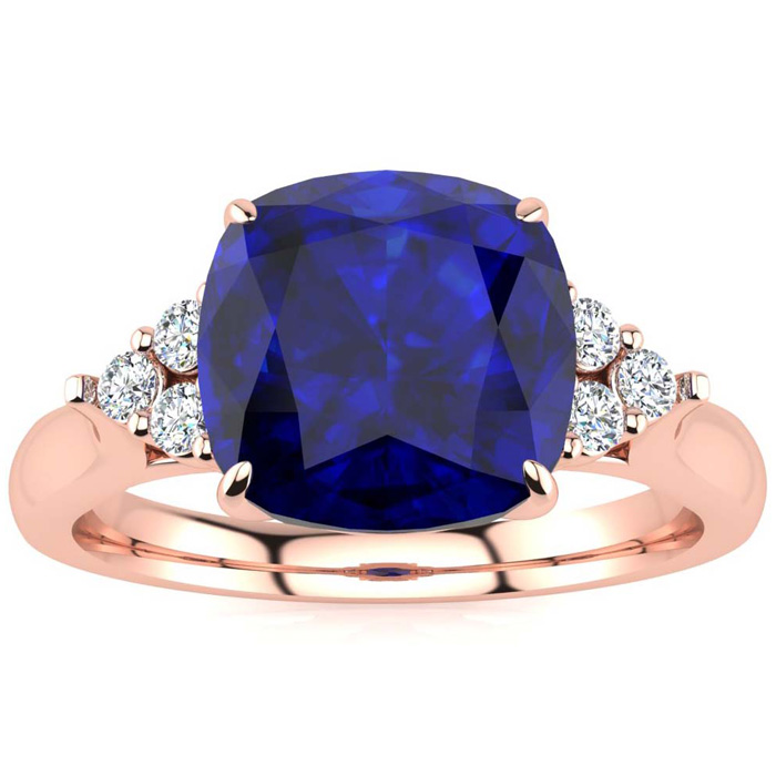 3 1/5 Carat Cushion Cut Sapphire & 6 Diamond Ring in 14K Rose Gold (4 g), , Size 4 by SuperJeweler