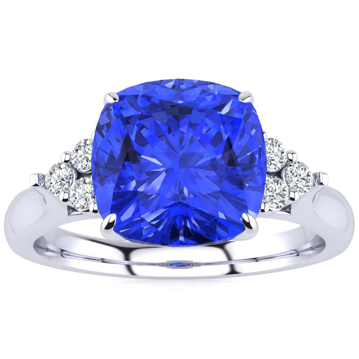 2 2/3 Carat Cushion Cut Tanzanite & 6 Diamond Ring In 14K White Gold (4 G), I-J, Size 4 By SuperJeweler