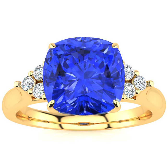 2 2/3 Carat Cushion Cut Tanzanite & 6 Diamond Ring in 14K Yellow Gold (4 g), , Size 4 by SuperJeweler