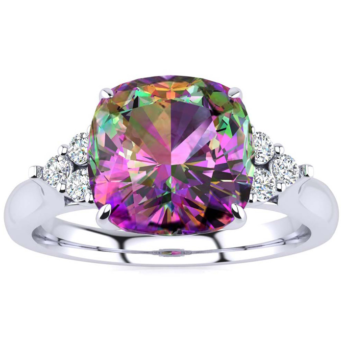 2 1/5 Carat Cushion Cut Mystic Topaz & 6 Diamond Ring in 14K White Gold (4 g), , Size 4 by SuperJeweler