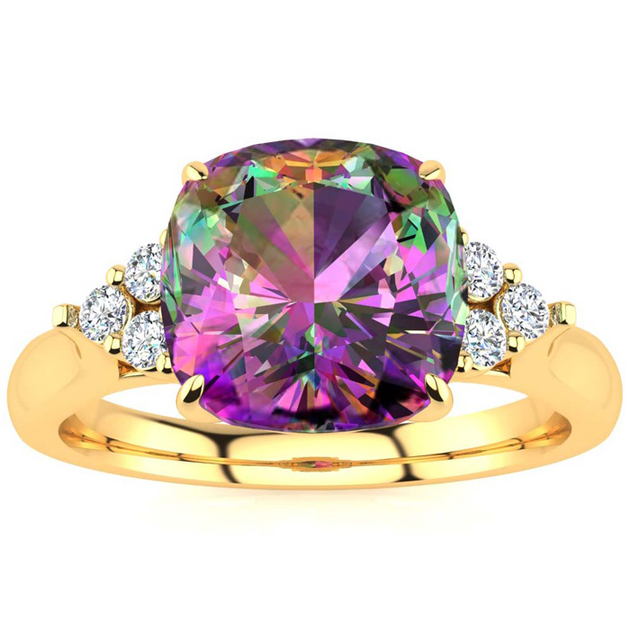 2 1/5 Carat Cushion Cut Mystic Topaz & 6 Diamond Ring in 14K Yellow Gold (4 g), , Size 4 by SuperJeweler