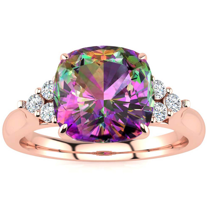 2 1/5 Carat Cushion Cut Mystic Topaz & 6 Diamond Ring in 14K Rose Gold (4 g), , Size 4 by SuperJeweler