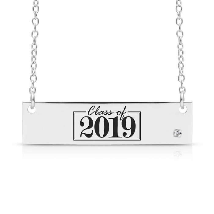 Sterling Silver Diamond Bar Necklace w/ Free Graduation Image & Custom Engraving On Back, 18 Inches,  by SuperJeweler