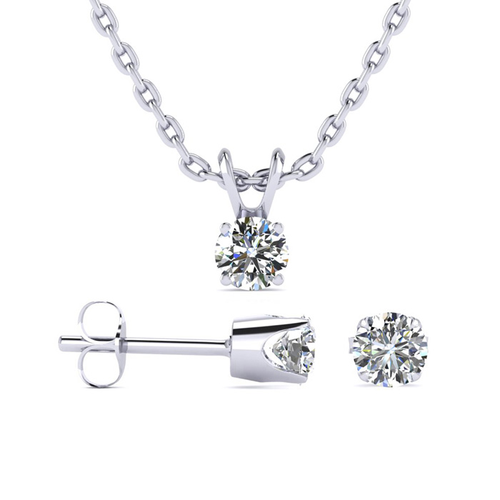 1/3 Carat Natural Diamond Stud & Necklace Matching Set in Solid Sterling Silver, , 18 Inch Chain by SuperJeweler