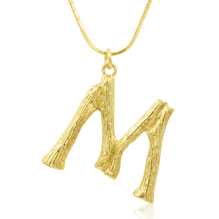 Letter "M" Bamboo Initial Necklace in Gold Overlay, All Letters Available, Free 18 Inch Snake Chain by SuperJeweler