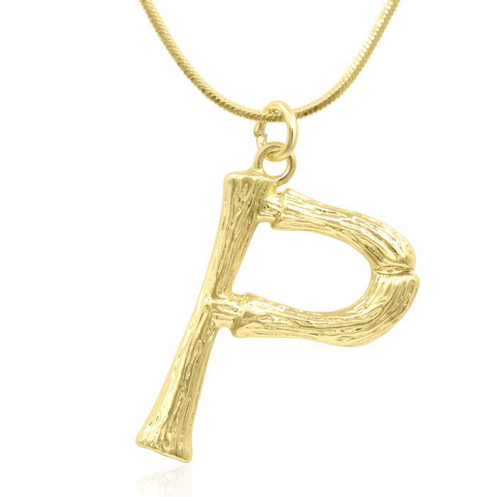 Letter "P" Bamboo Initial Necklace in Gold Overlay, All Letters Available, Free 18 Inch Snake Chain by SuperJeweler