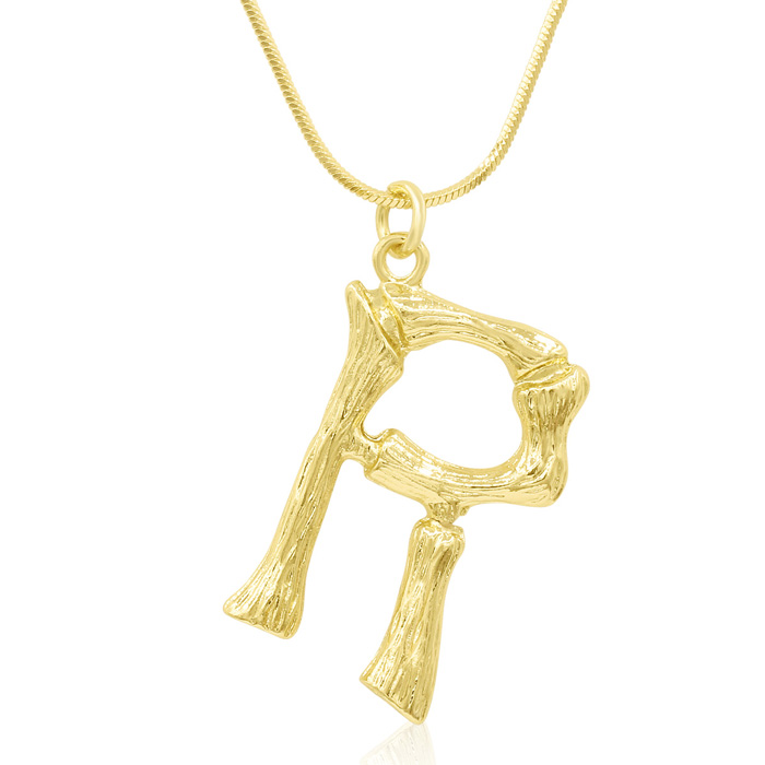 Letter "R" Bamboo Initial Necklace in Gold Overlay, All Letters Available, Free 18 Inch Snake Chain by SuperJeweler