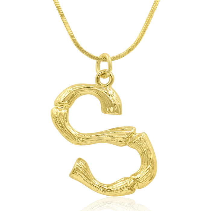 Letter "S" Bamboo Initial Necklace in Gold Overlay, All Letters Available, Free 18 Inch Snake Chain by SuperJeweler