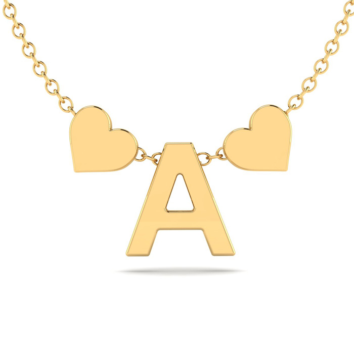 "A" Dainty Block Initial Necklace w/ Hearts in Gold Overlay, All Letters Available, Free 17 Inch Cable Chain by SuperJeweler