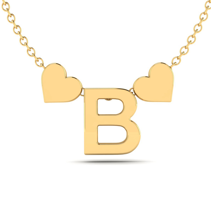 "B" Dainty Block Initial Necklace w/ Hearts in Gold Overlay, All Letters Available, Free 17 Inch Cable Chain by SuperJeweler