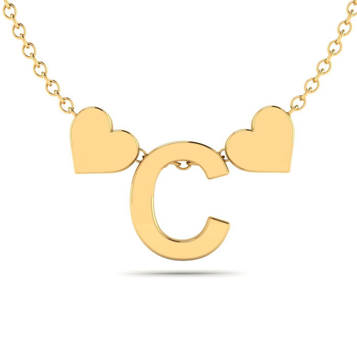 "C" Dainty Block Initial Necklace w/ Hearts in Gold Overlay, All Letters Available, Free 17 Inch Cable Chain by SuperJeweler