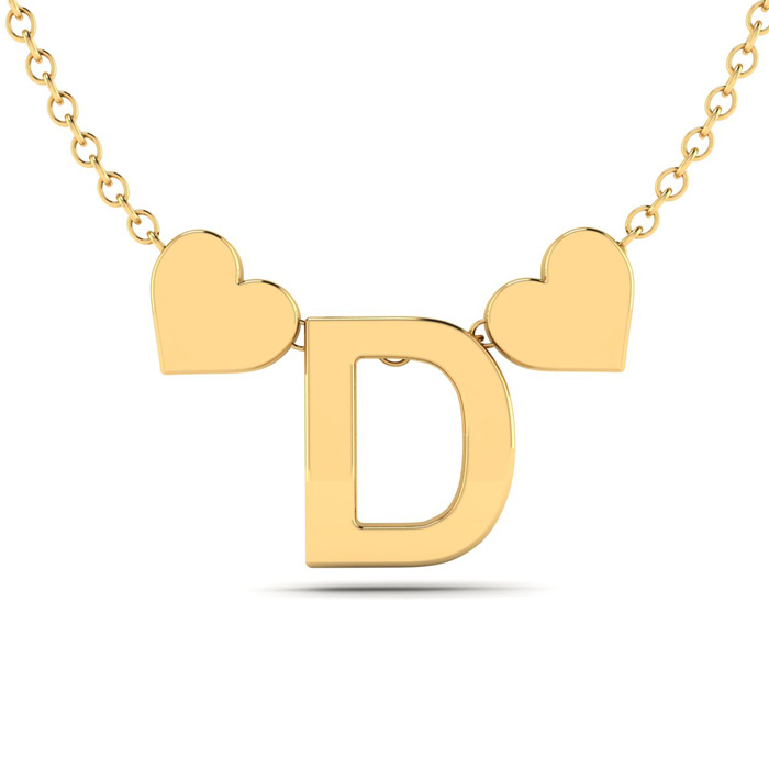 "D" Dainty Block Initial Necklace w/ Hearts in Gold Overlay, All Letters Available, Free 17 Inch Cable Chain by SuperJeweler