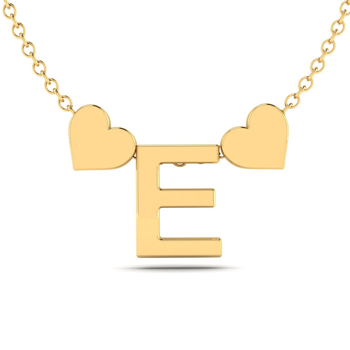 "E" Dainty Block Initial Necklace w/ Hearts in Gold Overlay, All Letters Available, Free 17 Inch Cable Chain by SuperJeweler