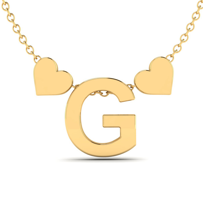 "G" Dainty Block Initial Necklace w/ Hearts in Gold Overlay, All Letters Available, Free 17 Inch Cable Chain by SuperJeweler