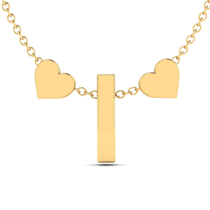 "I" Dainty Block Initial Necklace w/ Hearts in Gold Overlay, All Letters Available, Free 17 Inch Cable Chain by SuperJeweler