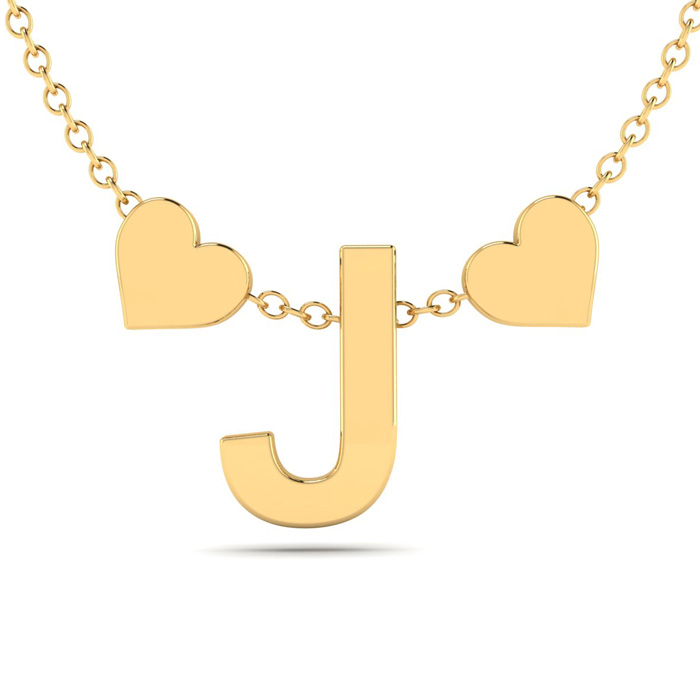 "J" Dainty Block Initial Necklace w/ Hearts in Gold Overlay, All Letters Available, Free 17 Inch Cable Chain by SuperJeweler