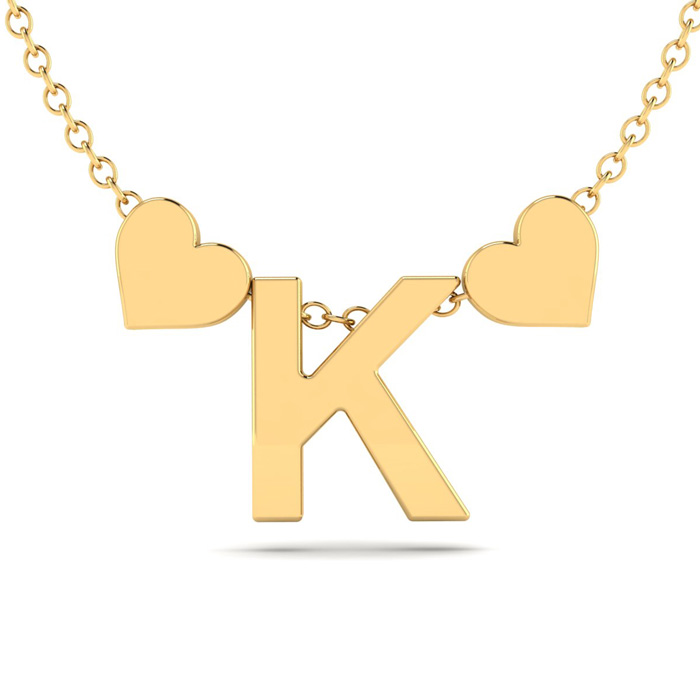 "K" Dainty Block Initial Necklace w/ Hearts in Gold Overlay, All Letters Available, Free 17 Inch Cable Chain by SuperJeweler