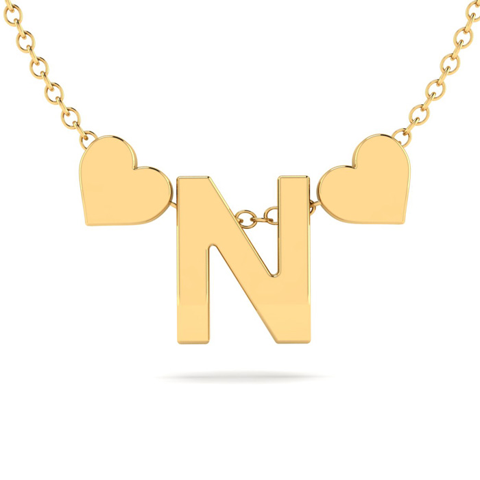 "N" Dainty Block Initial Necklace w/ Hearts in Gold Overlay, All Letters Available, Free 17 Inch Cable Chain by SuperJeweler