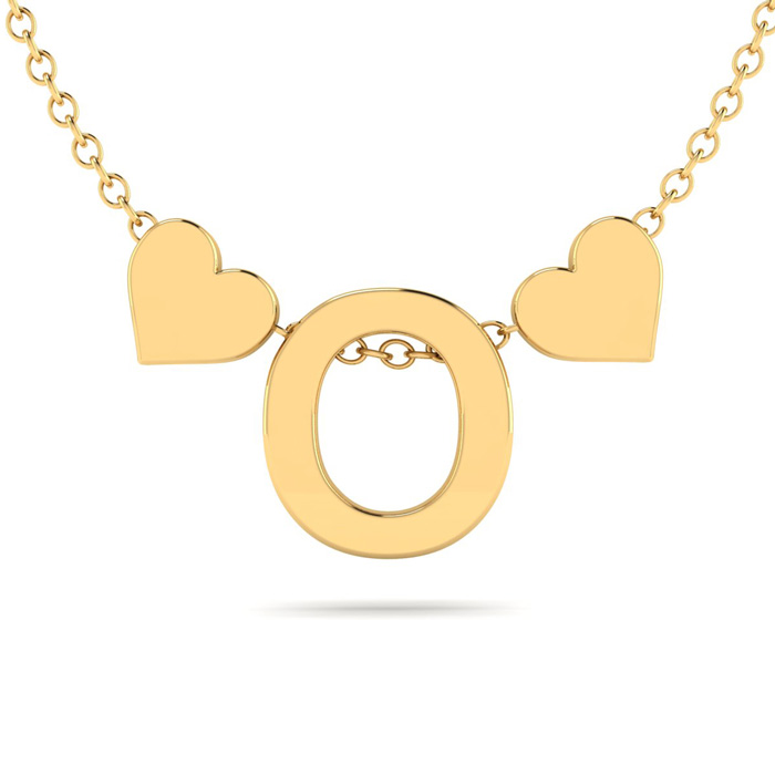 "O" Dainty Block Initial Necklace w/ Hearts in Gold Overlay, All Letters Available, Free 17 Inch Cable Chain by SuperJeweler