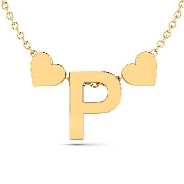 "P" Dainty Block Initial Necklace w/ Hearts in Gold Overlay, All Letters Available, Free 17 Inch Cable Chain by SuperJeweler