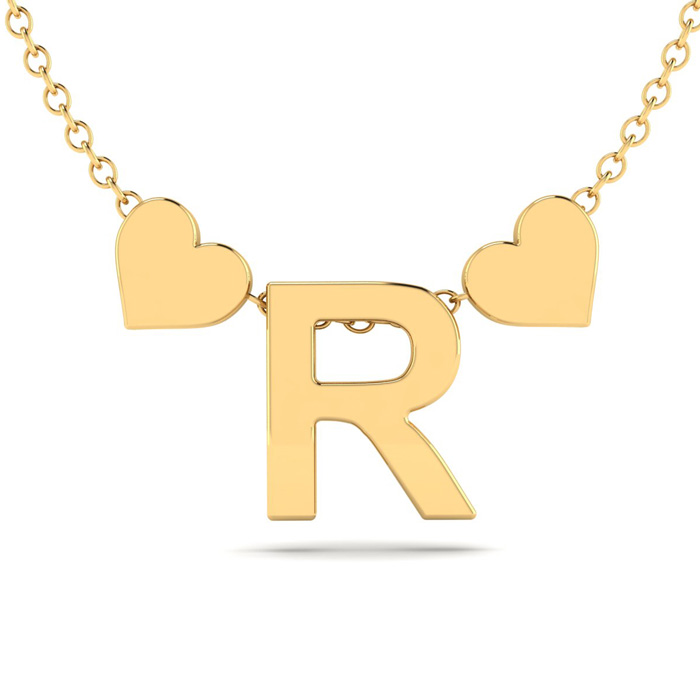 "R" Dainty Block Initial Necklace w/ Hearts in Gold Overlay, All Letters Available, Free 17 Inch Cable Chain by SuperJeweler