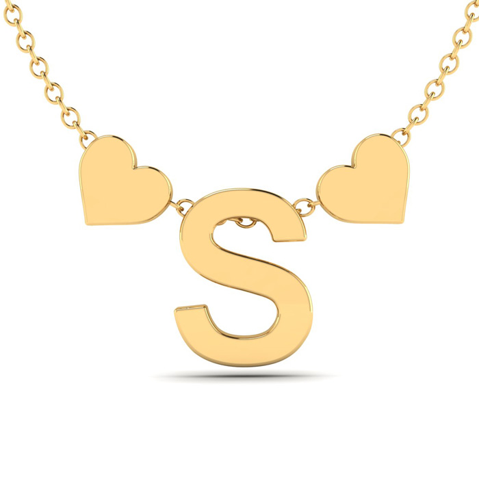 "S" Dainty Block Initial Necklace w/ Hearts in Gold Overlay, All Letters Available, Free 17 Inch Cable Chain by SuperJeweler