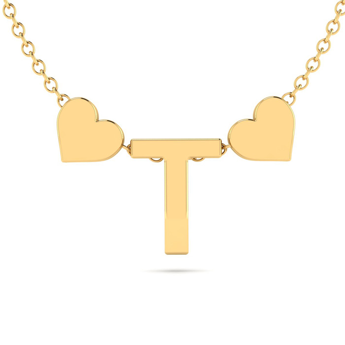 "T" Dainty Block Initial Necklace w/ Hearts in Gold Overlay, All Letters Available, Free 17 Inch Cable Chain by SuperJeweler