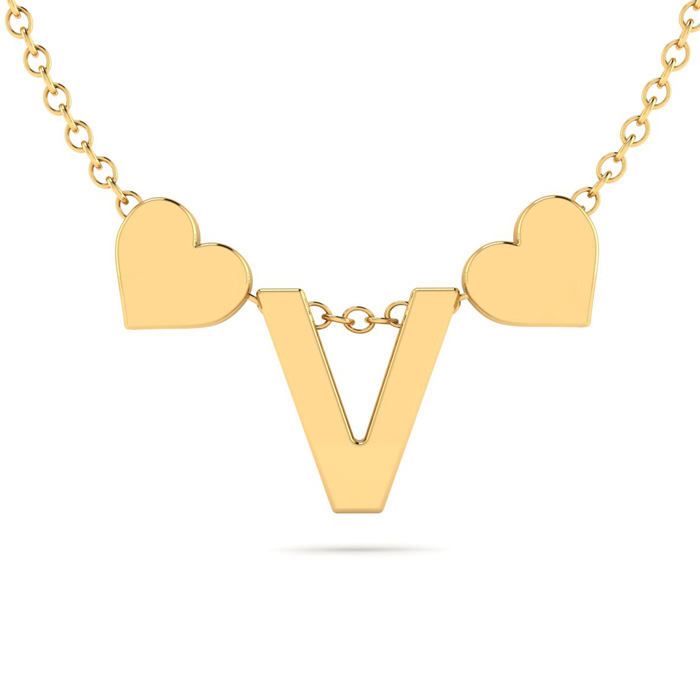 "V" Dainty Block Initial Necklace w/ Hearts in Gold Overlay, All Letters Available, Free 17 Inch Cable Chain by SuperJeweler