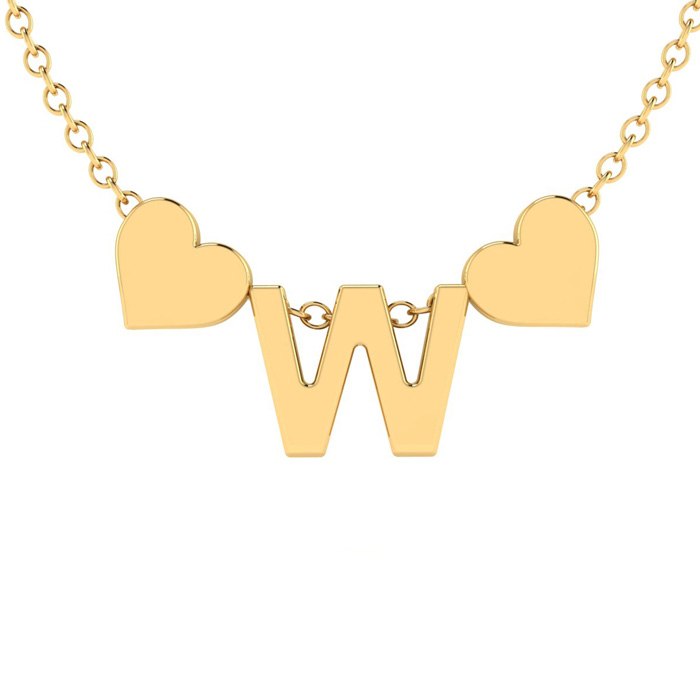 "W" Dainty Block Initial Necklace w/ Hearts in Gold Overlay, All Letters Available, Free 17 Inch Cable Chain by SuperJeweler